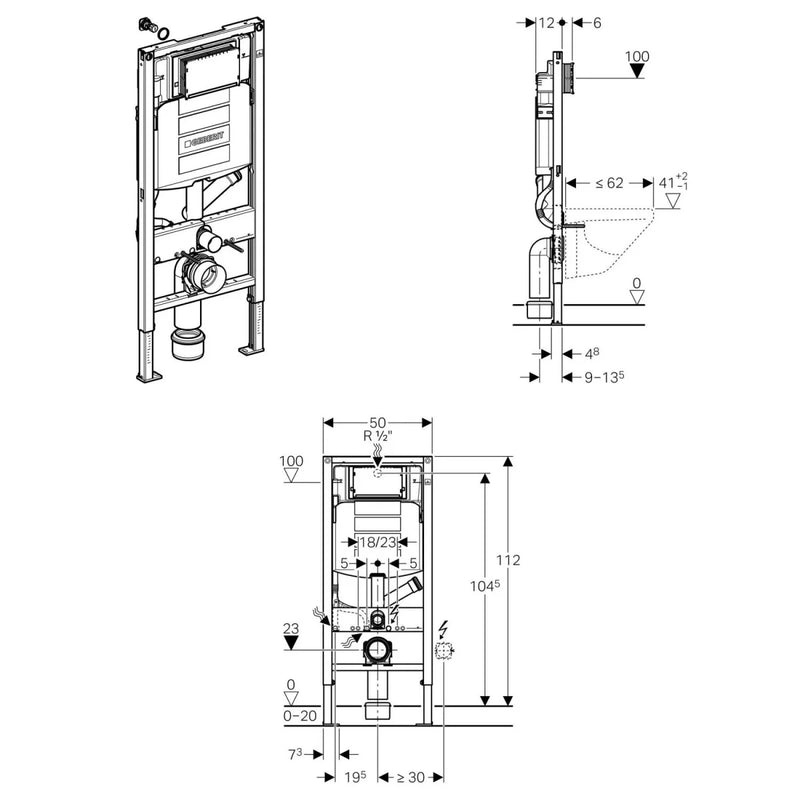 Wand-WC-Montageelement Duofix BH 1120mm mit Unterputz-Spülkasten Sigma Betätigung von vorn Geberit